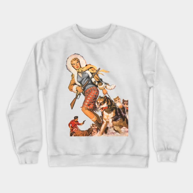 Beautiful Woman with Nordic Dogs Sled Snow Cold Arms Retro Vintage Comic American Illustration Crewneck Sweatshirt by REVISTANGO